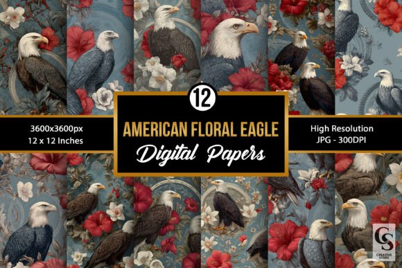 American Floral Eagle Digital Papers
