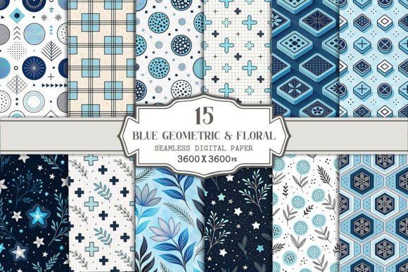Blue Geometric Floral Seamless Pattern