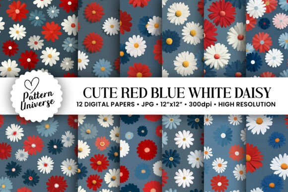 Cute Red Blue White Daisy Flower Papers for Creative Projects
