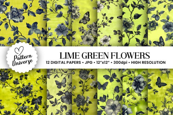 Lime Green Flowers Digital Papers