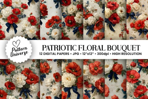 Patriotic Floral Bouquet Digital Paper for Creative Projects