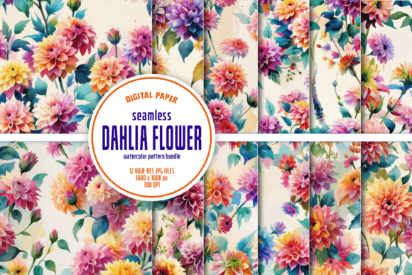 Seamless Dahlia Watercolor Pattern Pack