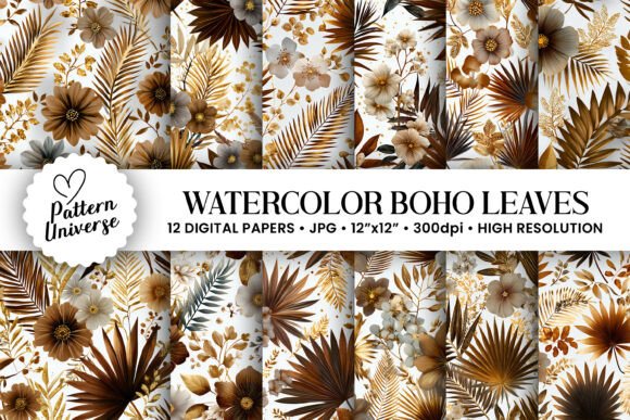 Watercolor Boho Leaves Digital Papers